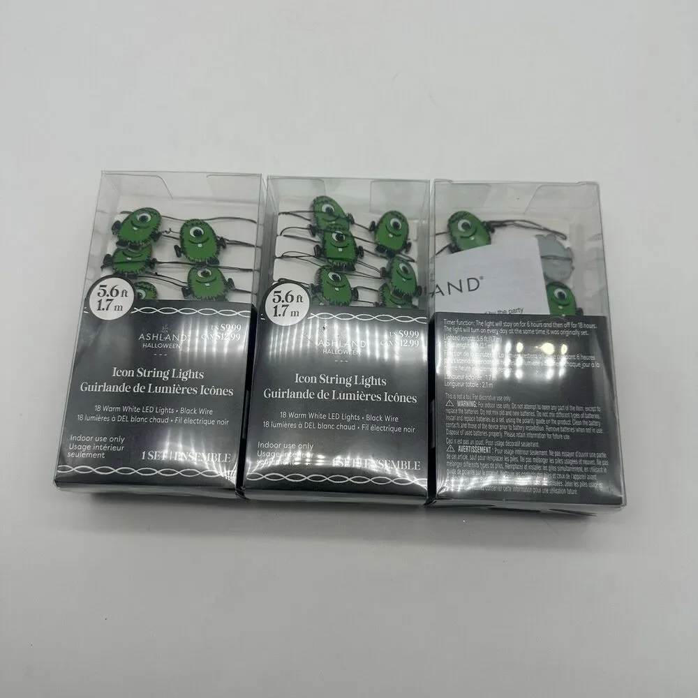 Lot of 3 Ashland Halloween Green Monster Icon String Lights New